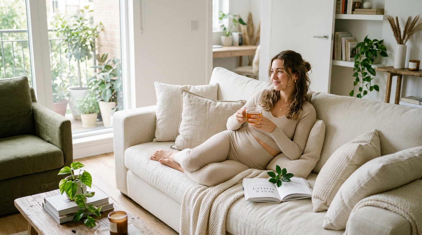 Woman resting comfortably at home with Far-Infrared thermal pelvic cramp relief therapy