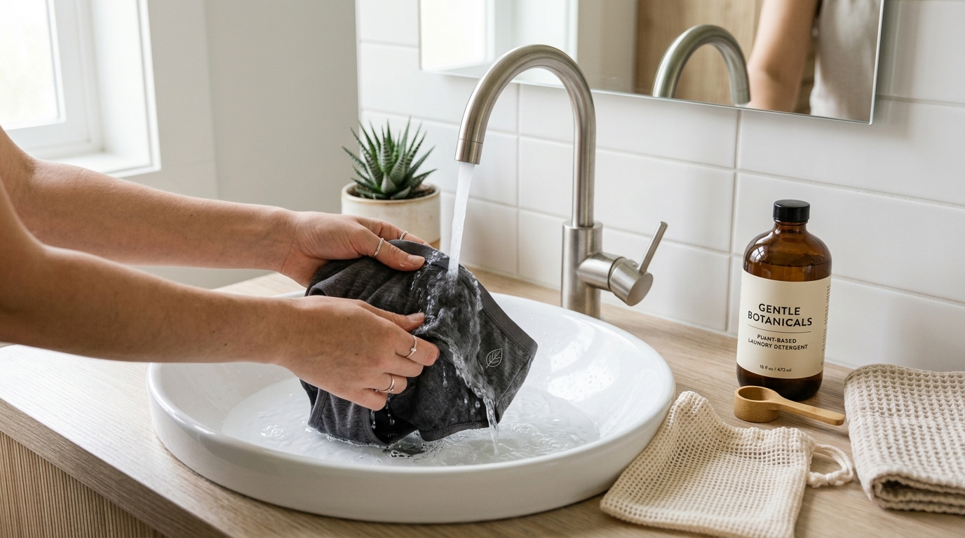 Rinsing reusable period panties under cool running tap water with mild detergent and laundry wash bag